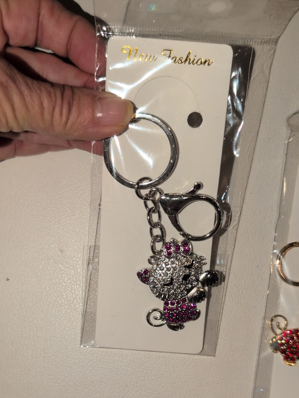 Silver and Pink Crystal Kitty Keychain